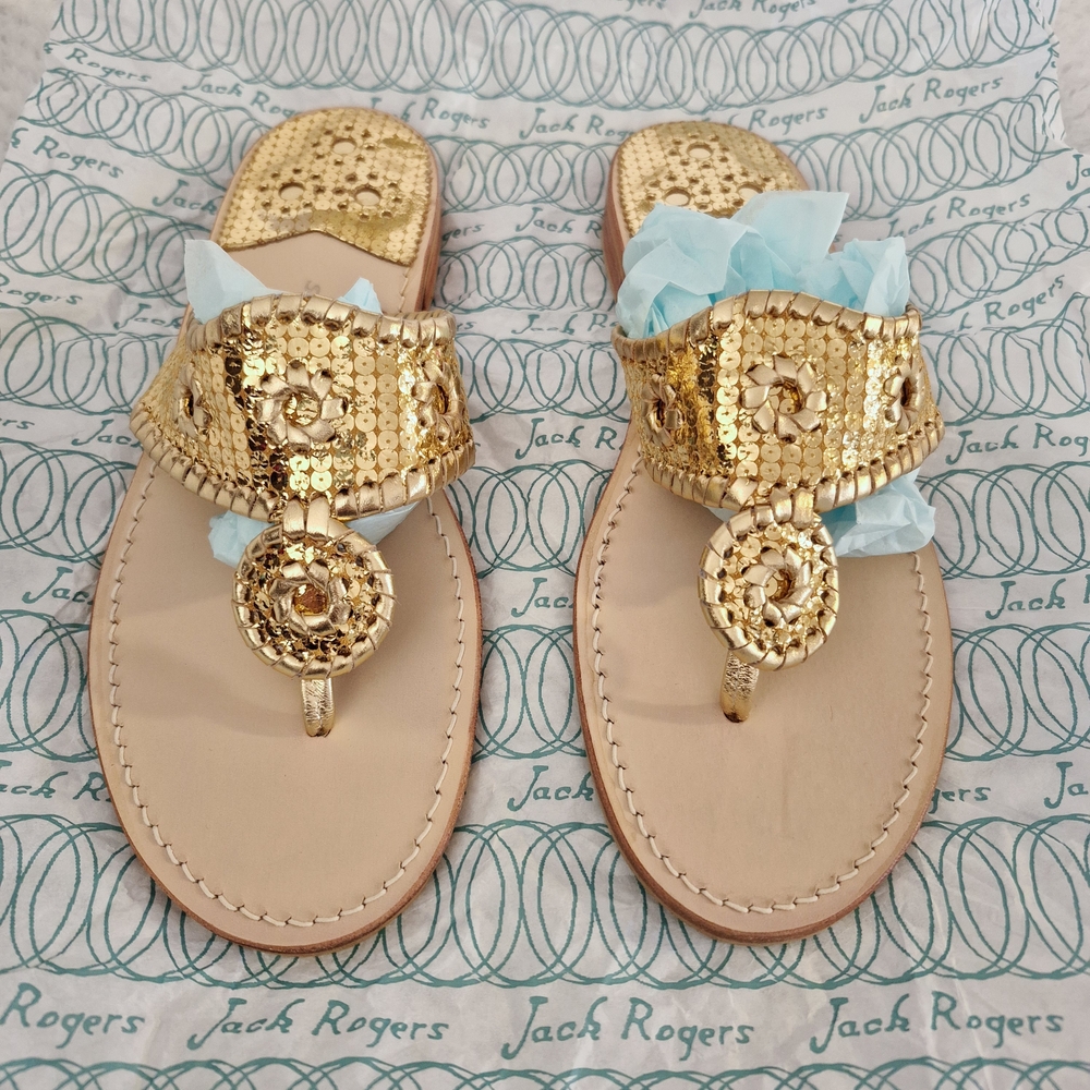 Jack Rogers Gold Sequin  Thong, flat, sandal, iconic, classic, Palm Beach